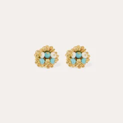 Boucles d'oreilles puces Azalée - Turquoise & Nacre blanche