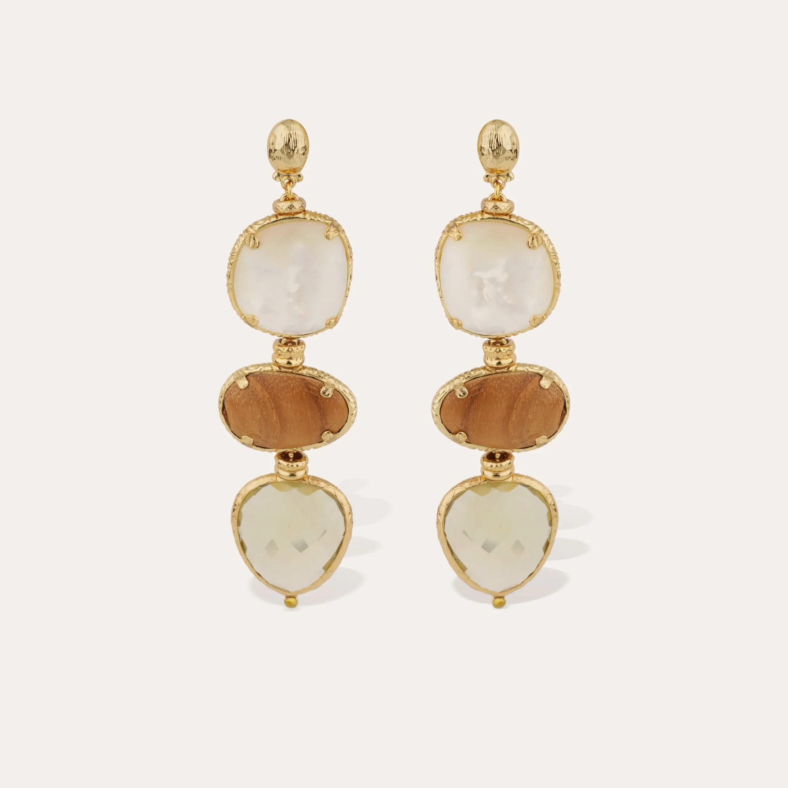 Boucles d'oreilles Silène grand modèle - Nacre Blanche, Bois & Quartz fumé