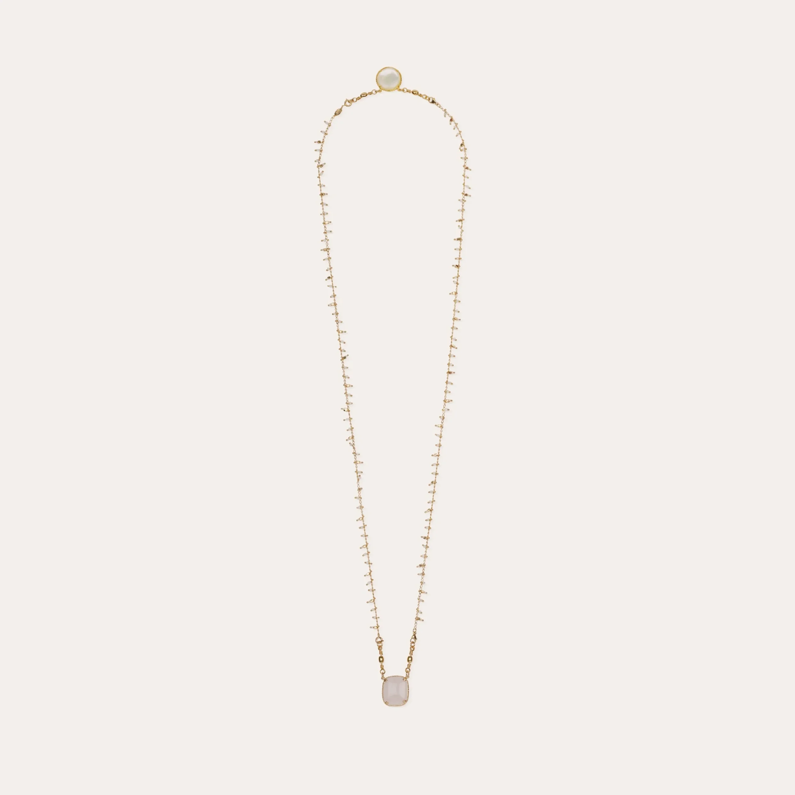 Collier Scapulaire serti - Nacre blanche & Quartz rose