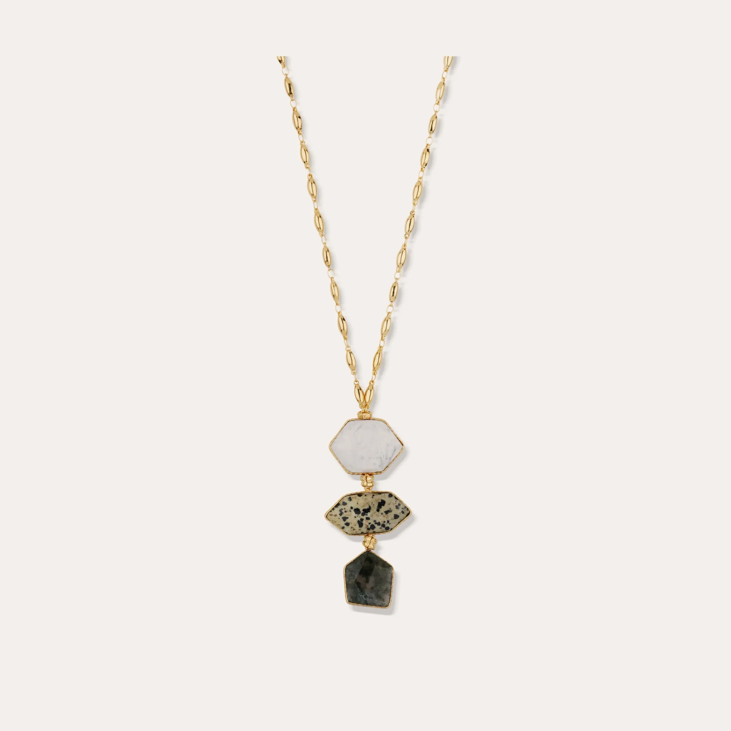 Sautoir Silenza - Opale blanche, Jaspe dalmatien & Agate verte